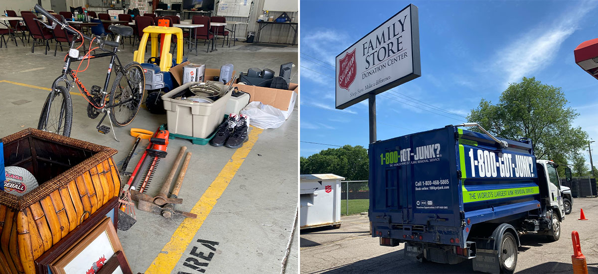 Left: bike, equipment, and boxes left at donation center. Right: 1-800-GOT-JUNK? Cincinnati truck by Salvation Army donation center Left: bike, equipment, and boxes left at donation center. Right: 1-800-GOT-JUNK? Cincinnati truck by Salvation Army donation center